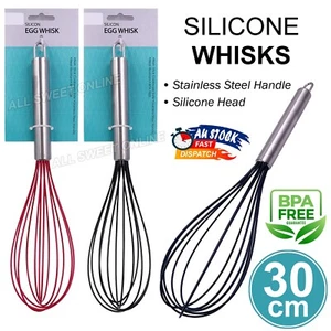 Silicone Whisks 30cm Stainless Steel Handle Non-Scratch Kitchen Tool Egg Beater - Picture 1 of 11