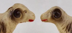 2 Ram Celluloid Toys Christmas Putz Decoration Tan Black Vintage Nice #39 - Picture 1 of 8