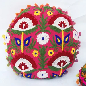 Decor Flower Design Suzani Pillow Cases Indian Embroidery Round Cushion Covers - Picture 1 of 6