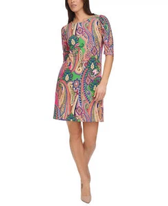 Tommy Hilfiger Petite Paisley Ruched-Sleeve Jersey Shift Dress 3B 2477 - Picture 1 of 6