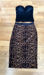 Bebe Black Satin Bustier Top (Size 2) and Nasty Gal Leopard Skirt (Size 6) - Picture 1 of 8