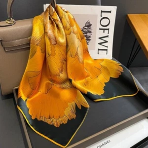 100% Silk Mulberry Women square Scarf Women Neckerchief Wrap Floral Yellow 26In - Picture 1 of 5
