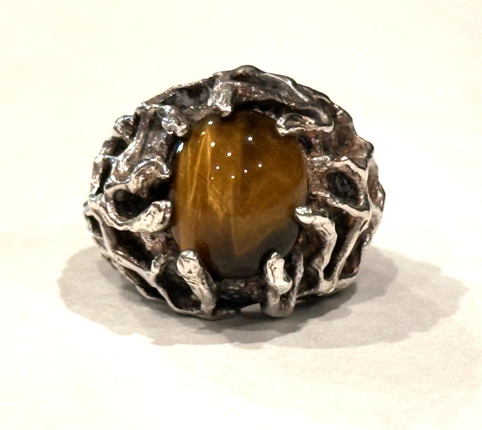 ANILLO OJO DE TIGRE BRUTALISTA PEPITA GRUESO MODERNISTA PLATA LLAMATIVO AUDAZ TALLA 6 MOD Foto 1 de 4