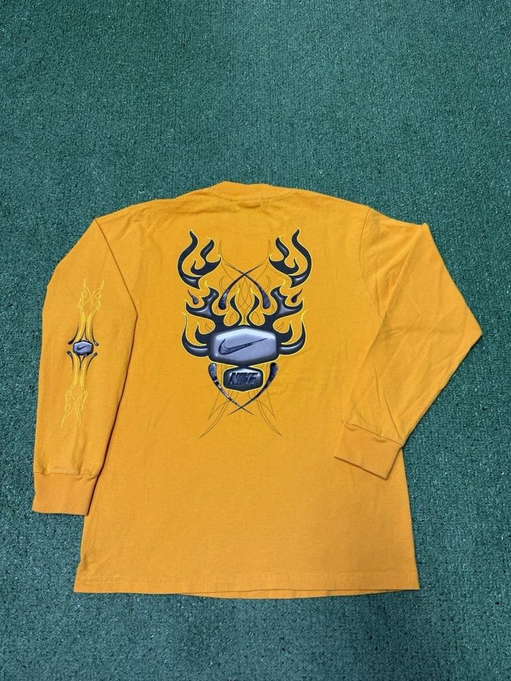 Vintage Y2K Nike Tribal Long Sleeve Shirt Boys Medium 10-12 Yellow Flame Grunge - Image 1 of 4