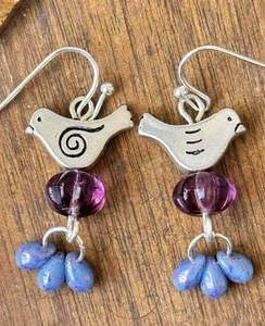 Sweet Silver Birds with Purple and Pearly Blue Teardrop Bead Dangle Earrings - Picture 1 of 3