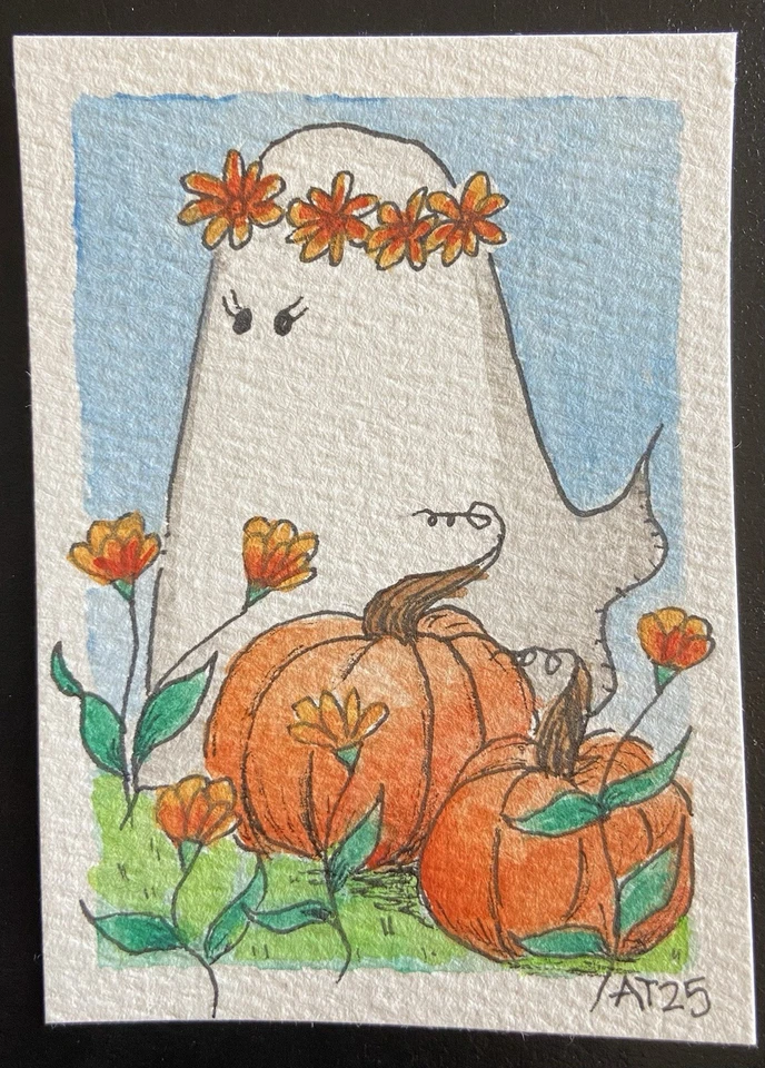 Fall Pumpkins Cute Ghost ACEO Original Watercolor and Ink Art Card - Image 1 of 1