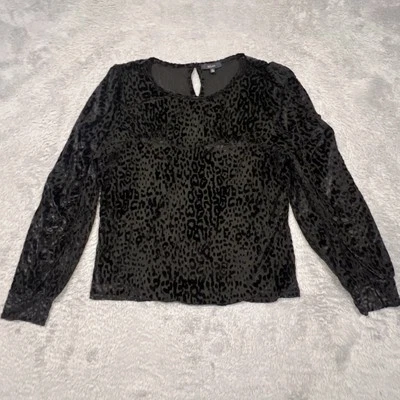 Eclair Top Women’s XL Black Blouse Velvet Leopard Ruched Blouse Shirt Lined - Image 1 of 4