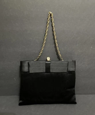 Vintage 1950s 1960s Black Fabric Convertible Clutch/Evening Bag Bow~&~Gold Clasp - Image 1 of 4