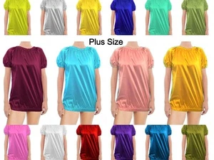 Hem Elastic Round Neck T Shirt Satin Shiny Silk Slim FIt Outfit Plus Size S106 - Picture 1 of 45