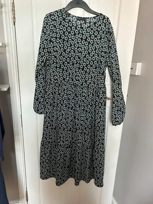 M&S Collection Black Floral Midi Dress UK 14 Long Sleeve Tiered Smock Style - Image 1 of 4