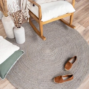 Jute Braided Round Rug Handwoven Natural Grey Carpet Mat Reversible Area Rug Mat - Picture 1 of 11