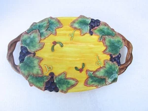 Early Rare Fitz & Floyd Large Oval Platter Handled Yellow Purple Grapes Vine - Picture 1 of 5
