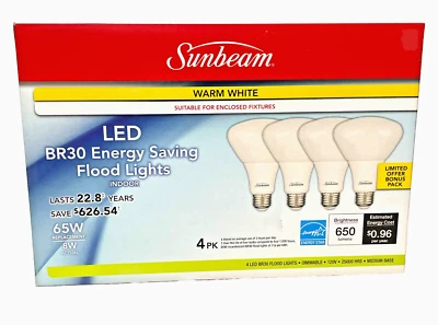 8 Pack (2X4PK) Sunbeam Dimmable LED Flood Light Bulbs BR30 8W Warm White - Image 1 of 4