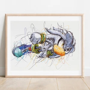 Silver Ballpoint Pen Print, Sonic the Hedgehog Art Poster - Picture 1 of 3