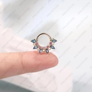 14K Yellow Gold Pear London Blue Topaz/Pink Sapphire Cluster Nose Hoop Clicker - Picture 1 of 9