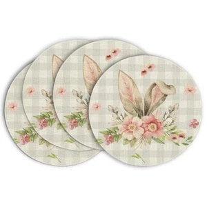 Easter Decorations Bunny Rabbit Flowers Buffalo Plaid 15" Round Placemats 4PCS - Picture 1 of 12