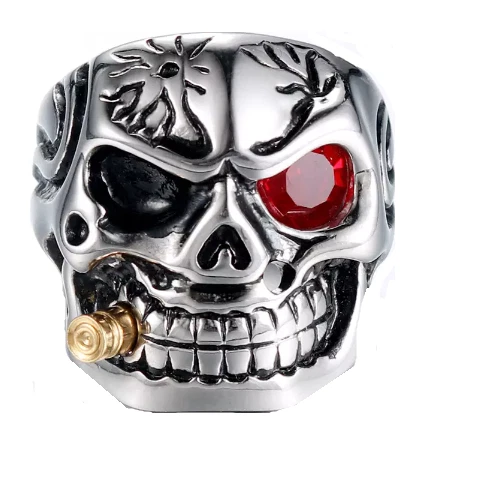 不锈钢骷髅骑手戒指红眼和子弹 173 — 第 1/2 张图片