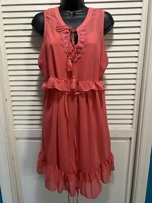 Motherhood Maternity Coral Chiffon Ruffle Lace Tassel Lined Medium Sleeveless - Image 1 of 4