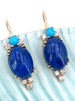 Genuine 14k Gold, Natural Lapis Lazuli, Turquoise & Diamond Dangle Earrings, New - Image 1 of 4