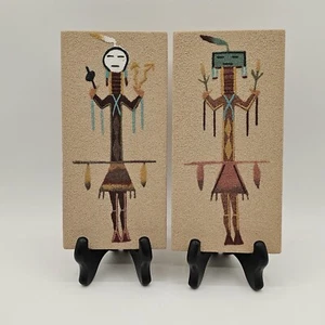 Pair of 2 Navajo Sand Paintings Male & Female Signed by Artist Grace Ann - Picture 1 of 8