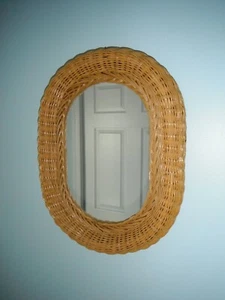 Vintage Rattan / Wicker Retro Oval Mirror- Vertical or Horizontal 16" X 12" - Picture 1 of 7