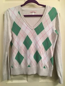 G.H. Bass & Co Green Beige Pink V Neck Argyle Ribbed Knit Sweater SIZE SMALL EUC - Picture 1 of 7