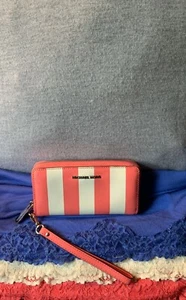 Michael Kors  Dusty Rose & White Stripe LeatherJet Set  Phone Case Zip Wristlet - Picture 1 of 12
