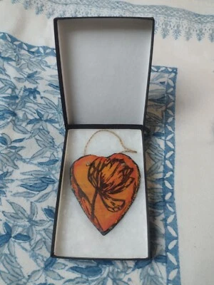 OOK Linocut Print Orange Tulip Slate heart Hanging Valentine Love Gift With Box  - Image 1 of 4
