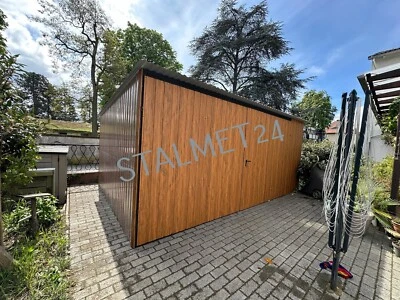 Blechgarage 4x3,5x2,14m Lager Container Blechhütte Holzoptik Doppelflügeltor - Bild 1 von 4