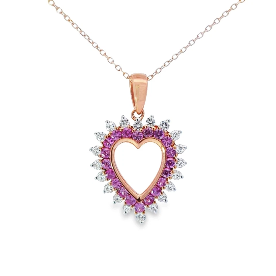 10K Rose Gold, Diamond & 2/5 Cttw Pink Sapphire Open Heart Halo Pendant Necklace - Image 1 of 4