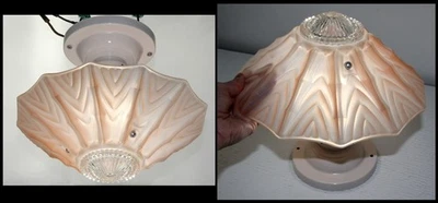 1940 Art Deco 3 correntes luminária de teto pingente rosa pêssego cetim vidro sombra - Imagem 1 de 4