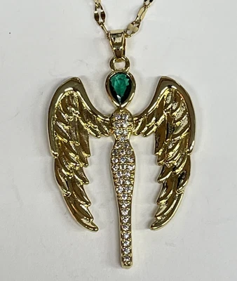 Collar de piedras cúbicas transparentes verdes oro ángel 18” acero inoxidable joyería religiosa NUEVO Foto 1 de 4