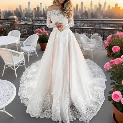 Elegant Long Wedding Dresses Lace Boat-Neck Floor-Length Sweep Train Brides - Image 1 of 4