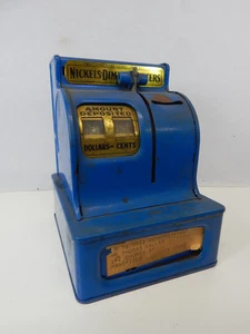 Banco de registro de 3 monedas de metal azul vintage del Tío Sam de los años 50 (hecho en Japón) ¡Funciona! - Imagen 1 de 7