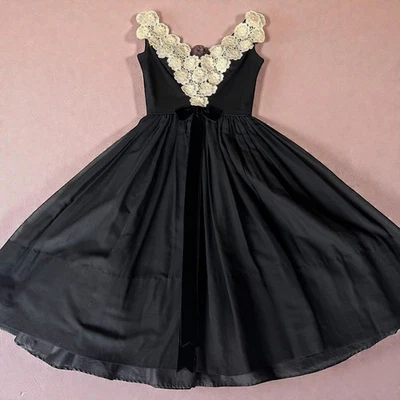 Vintage 50s Fit Flare Dress Black Ivory Floral LACE Draped SHEER XS Romantic - Image 1 of 4