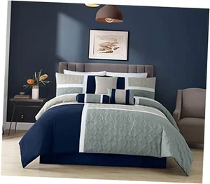 Upland 7-Piece Quilted Patchwork Comforter Set Queen Navy/Blue/Gray - Picture 1 of 8