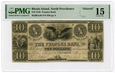 1848 $10 The Peoples Bank - North Providence, RHODE ISLAND (Altered) Note PMG 15 - Image 1 of 2