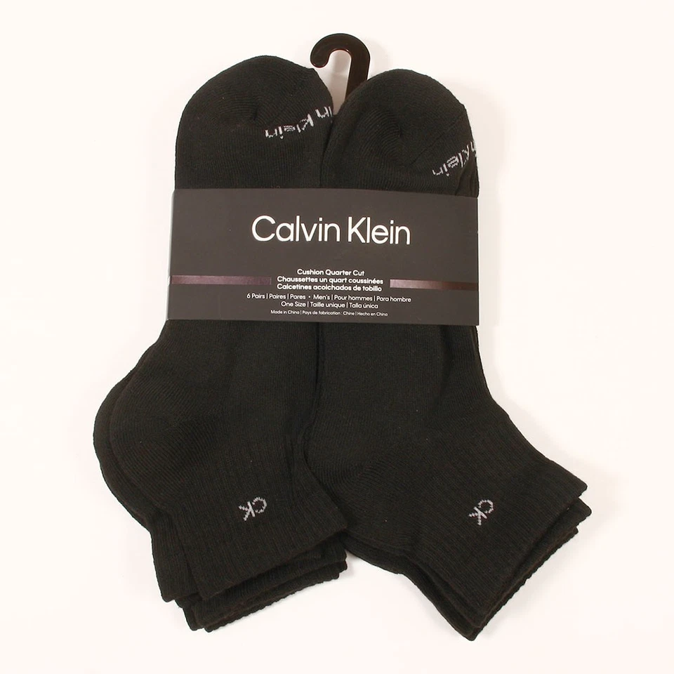 Calvin Klein Cushion Sole Athletic 6 PR Mens Quarter Socks Black One Size