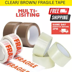 STRONG PACKAGING TAPE, CLEAR/ FRAGILE/ BROWN, 48MM x 66M LONG PARCEL TAPE - Picture 1 of 6