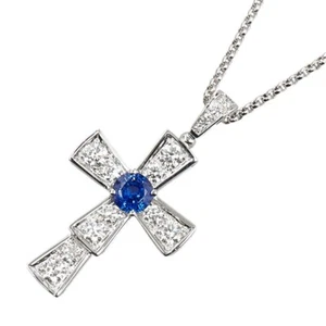 Bvlgari Sapphire Diamond Cross Necklace Silver Blue 18K WG White Gold 19.7in - Picture 1 of 9
