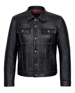 MEN'S TRUCKER LEATHER JACKET - BLACK CLASSIC SHIRT STYLE WESTERN COWHIDE LEATHER - Picture 1 of 8