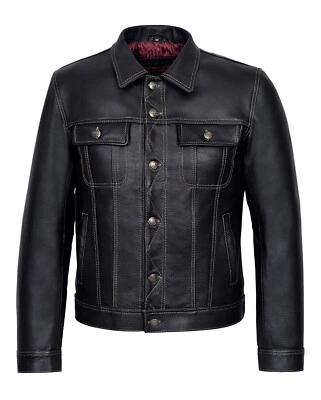 MEN'S TRUCKER LEATHER JACKET - BLACK CLASSIC SHIRT STYLE WESTERN COWHIDE LEATHER - Image 1 of 4