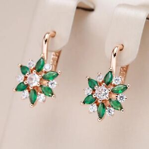 Flower Drop Earrings Women with Green White Natural CZ 585 Gold Jewelry Wedding