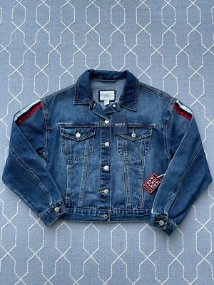 Forever21 Medium Wash Red & White Striped Denim Jacket - M - Image 1 of 4