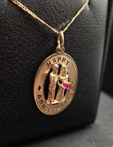 14k Gold Vintage Happy Anniversary Pendant Necklace - Picture 1 of 4
