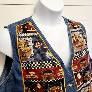 VTG THE QUACKER FACTORY Womens Denim Vest Size 1X Blue Red Noah's Ark Christmas - Picture 1 of 5