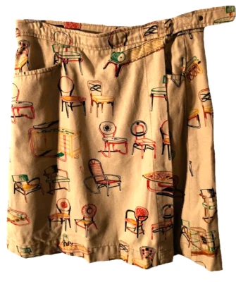 VTG 80s novelty tan canvas wraparound mini skirt mid century furniture print S - Image 1 of 4