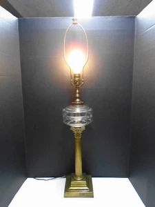 Antique Brass Corinthian Column Converted Oil Lamp with Clear Glass Font 35.5" - Picture 1 of 7