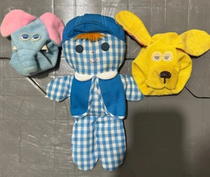 Vintage 3er Set 70’s Frottee Tiere Haustiere Glocke Rassel kariert Plüsch Stoff Junge - Bild 1 von 6