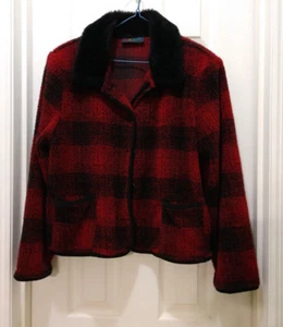 A la carte DARK Red and Black Plaid Jacket Fur Collar Outerwear Sweater EUC - Picture 1 of 10